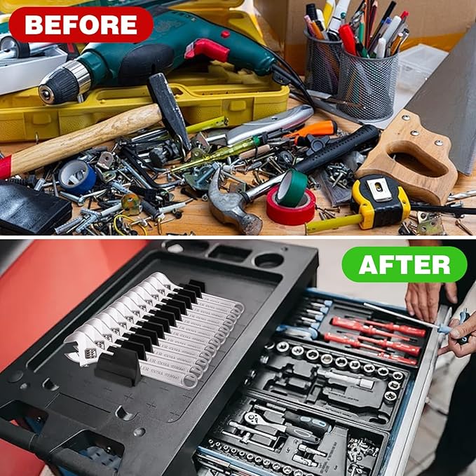 50 pcs Magnetic Modular Wrench Organizers for Tool Drawers, Black Tool Organizers- Wrench Rack with Metric & SAE Labels, Customizable Magnet Tool Storage Holder Festival for Mechanics