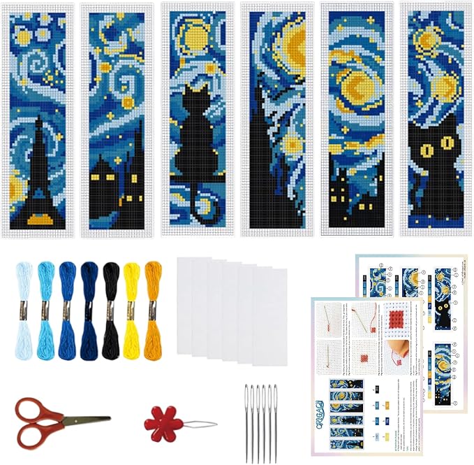 ORIGACH 6 Set Starry Night and Black Cat Cross Stitch Bookmark Kit by ORIGACH