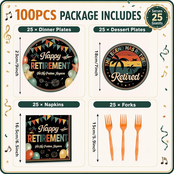Qyeahkj 100 Pcs Retirement Party Plates and Napkins Set Happy Retired Birthday - Image 2