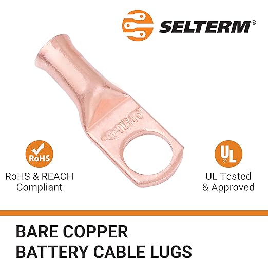 SELTERM 25pcs 8 AWG 5/16" Stud Battery Lugs, Ring Terminals, Heavy Duty Copper Wire Lugs, Battery Cable Ends, 8 Gauge Ring Terminal Connectors, UL Bare Copper Eyelets Electrical Battery Cable Lugs