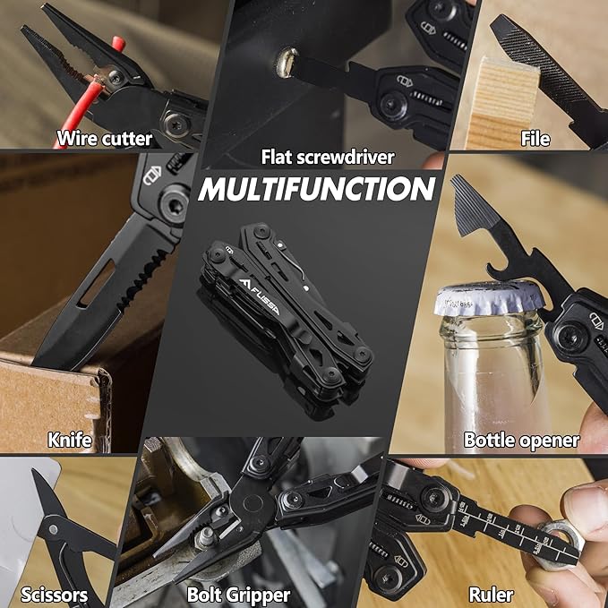 FLISSA 16-in-1 Stainless Steel Multi Tool, Gift for Dad, EDC Multitool with Pocket Knife, Pliers, Belt Clip and Oxford Sheath, Self-locking Utility Multi-Tool for Camping Survival Outdoor