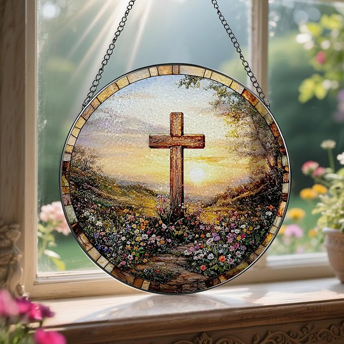 8 Inches Cross Sunset Stained Glass Suncatcher, Christmas Ornament, Window - Image 5