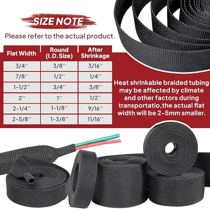 Heat Shrinkable Braided Sleeving 2:1 Ratio- Abrasion Protection Flexibility Wiring Harness Cable Sheath (1" ID, 12ft)