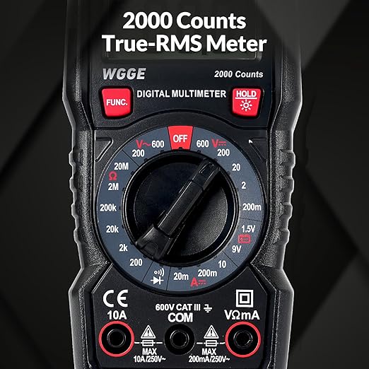 WGGE Digital Multimeter with Case, DC AC Voltmeter, Ohm Volt Amp Test Meter and Continuity Test Diode Voltage Tester for Household Outlet, Automotive Battery Test (Anti-Burn with Double Fuses)