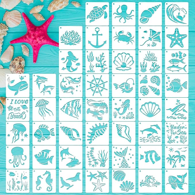 50 PCS Ocean Animal Painting Stencils Reusable Sea Stencils by CHHAICHENG
