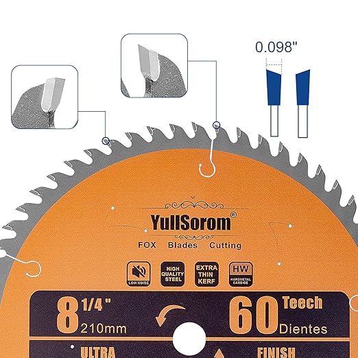 8-1/4-Inch Circular Saw Blade 60 Tooth Fine-Finish TCT Carbide-Tipped Table Saw Blade with 5/8" Arbor for Wood Cutting