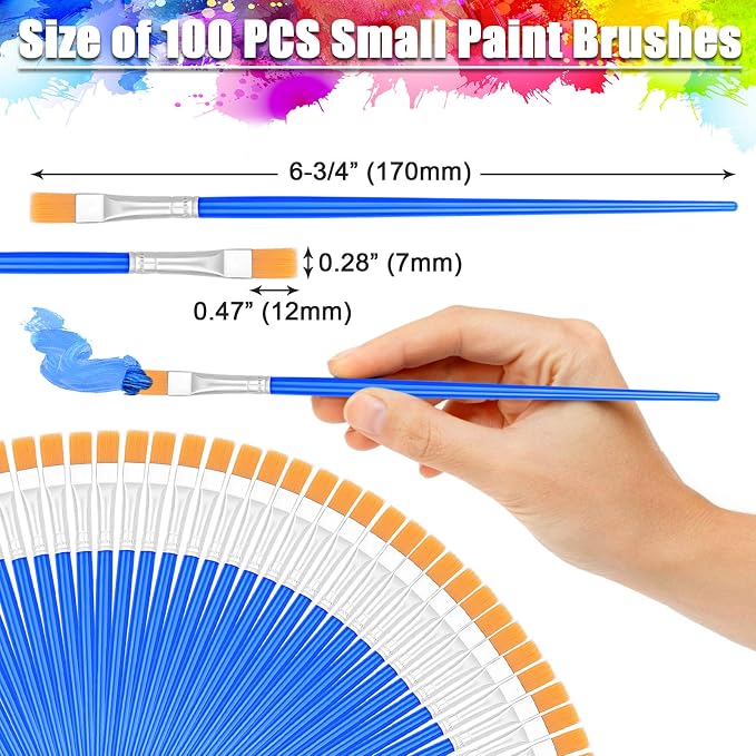 100Pcs Small Paint Brushes Bulk, Anezus Flat Top Acrylic Classroom Brush - Image 3