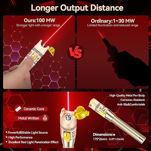 VFL Visual Fault Locator 100mw Fiber Optic Cable Troubleshoot Kit 2.5 mm Universal Connector, with 1pc FC to LC Adapter for Telecommunications & CATV Maintenance