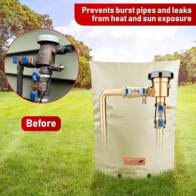 Redford Supply Co. Cold Snap (5°F) Backflow Preventer Insulation Cover, 20"W x 34"H, Pipe Insulation, Water Sprinkler Covers for Outside, Sprinkler Backflow Cover for Winter, Well Pump Bag (Beige)