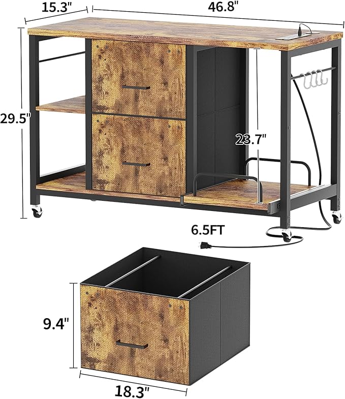 2 Drawer Lateral File Cabinet with Shredder Stand, Rolling Office Filing Cabinets with Outlet and LED Light, Printer Table with Storage, Home Office Cabinet for Letter Legal Size, Rustic