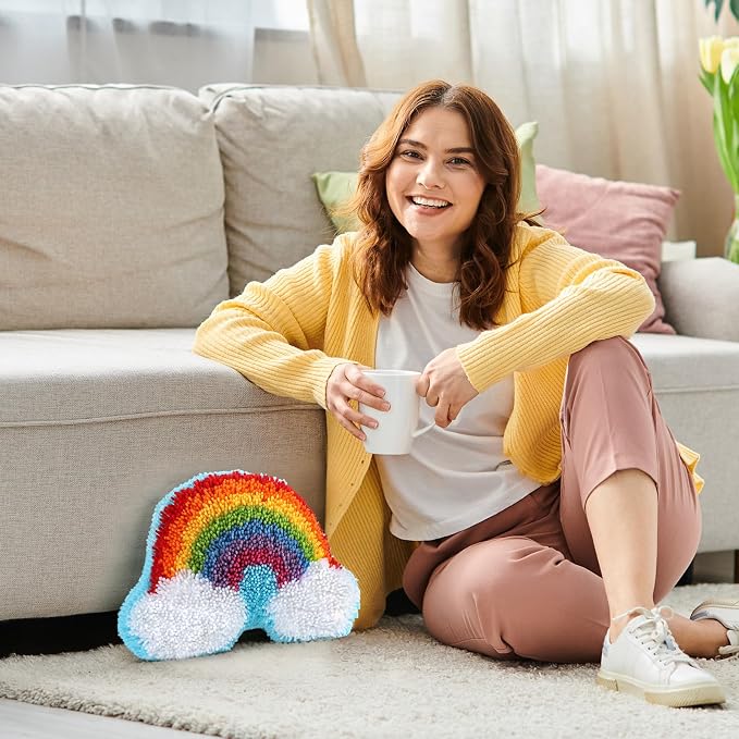 Justforjoyful Rainbow Latch Hook Kit Rainbow Pillow DIY Craft Kit - Image 3