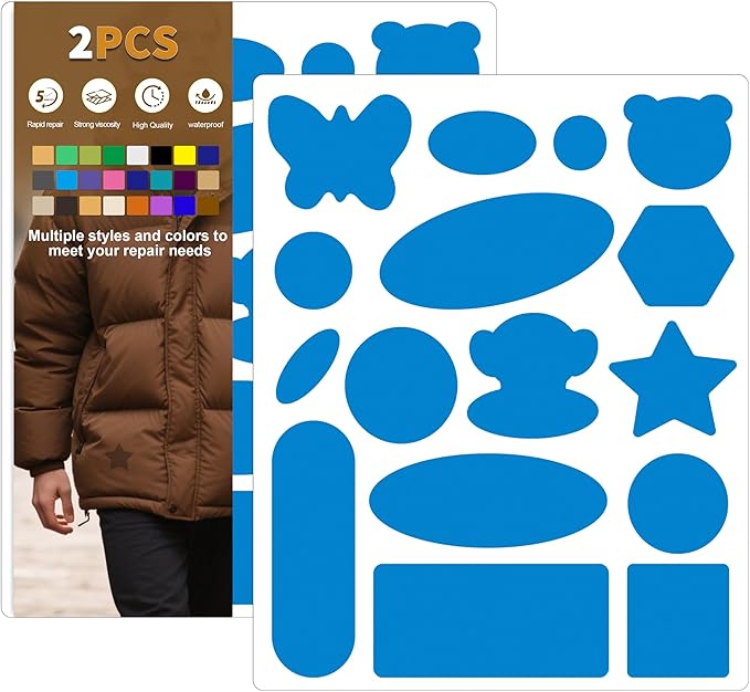 Azobur Down Jacket Repair Patches-Waterproof, Self-Adhesive,Nylon Fabric Patches for Puffy Jackets, Rain and Snow Gear, Tents, Sleeping Bag and More(Blue，2pcs)