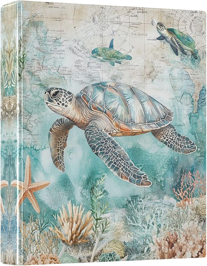 Sea Turtle Shell Starfish Coral Round Ring Binders 1.5 Inch Whale Nautical by Wamika