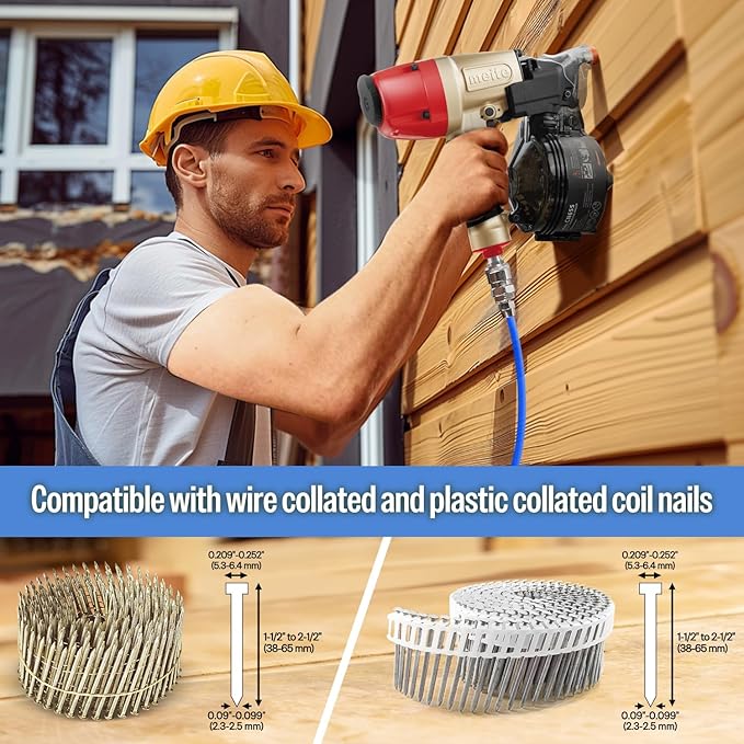 meite Siding Nailer, Pneumatic Siding Nail Gun Lightweight Air Coil Nail Gun with Safety Nose, Nail Depth and 360°Exhaust Adjustable, Compatible with 1-1/2" to 2-1/2" Coil Siding Nails (CN65S)