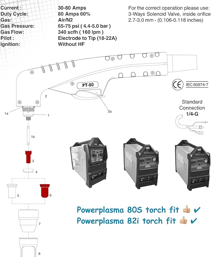 | Plasma cutting PT-80 consumable tip 50~60A w/Electrode compatible for PowerPlasma 80S/82i