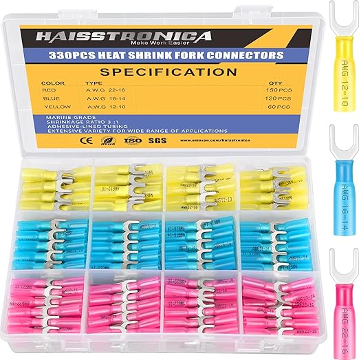 haisstronica 200PCS Heat Shrink Fork Spade Connectors #10 Waterproof Marine Grade Fork Terminal Connectors U-Type Blue 16-14 Gauge