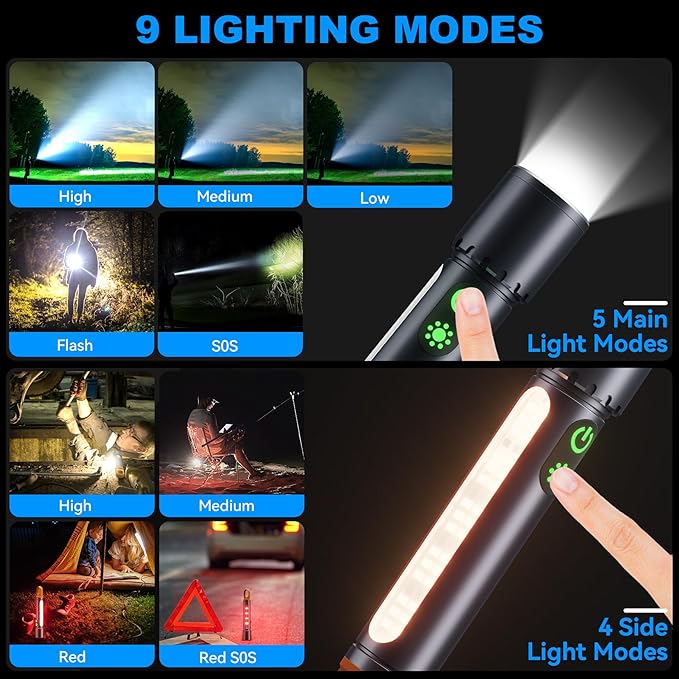 Magnetic Rechargeable Flashlights 2 Pack,2000LM 5000mAh High Lumens Flashlight with 9 Modes,Waterproof, Adjustable,Powerful Flashlight,Multi-Flashlights for Car,Home,Hiking,Camping