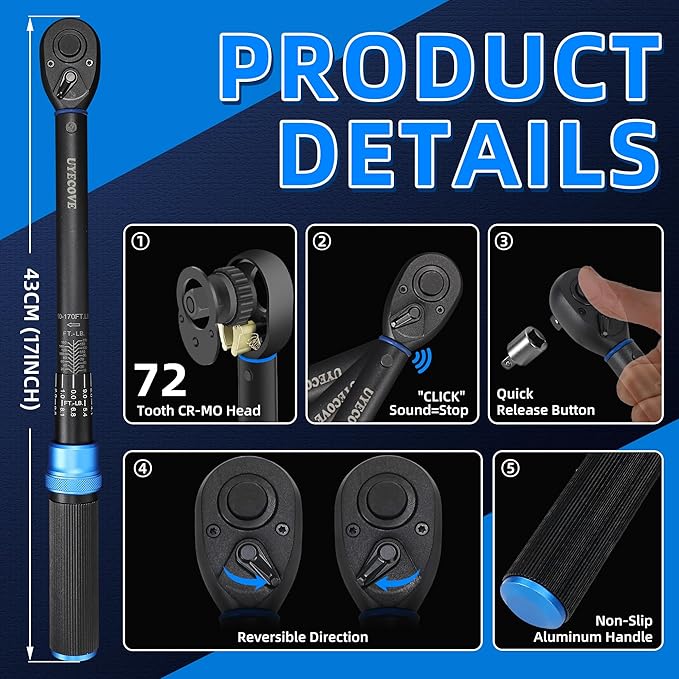 3/8-Inch Drive Click Torque Wrench, Dual-Direction Click Professional Torque Wrench 10-100FT.LB/13.6-135.6N.M, Dual Range Scales Graduated in FT.LB and N.M, Blue