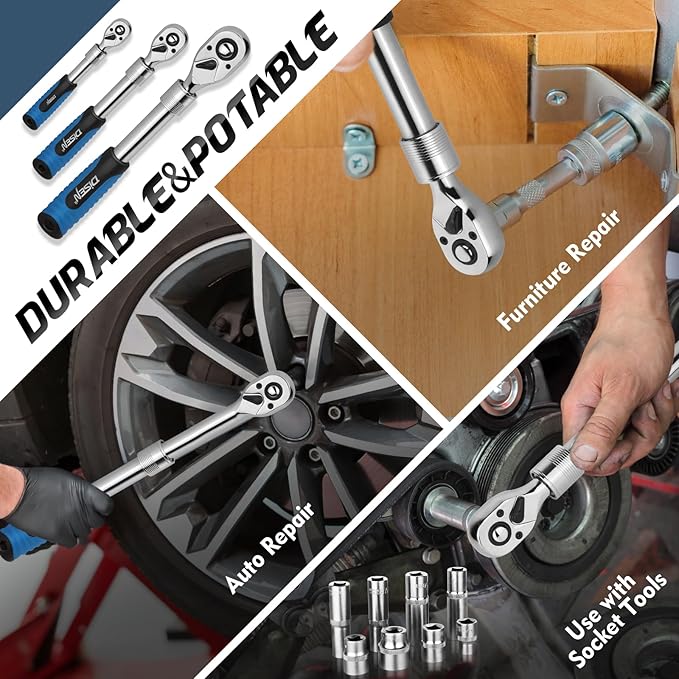 DISEN 3PCS Extendable Ratchet Wrench Set,1/4" 3/8" 1/2" Drive 72-Tooth, Quick-Release, Reversible Drive Socket Wrenches,Soft Grip Handle with Storage Tray