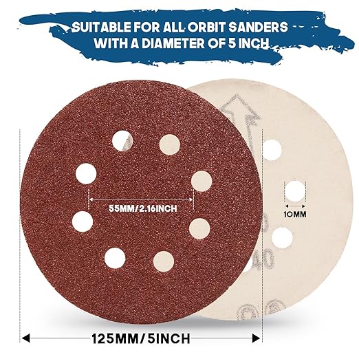 5 Inch 8 Hole Sanding Discs, 100 PCS 40 Grit Hook and Loop Sandpaper, Round Aluminum Oxide Sand Paper Discs for Random Orbital Sander