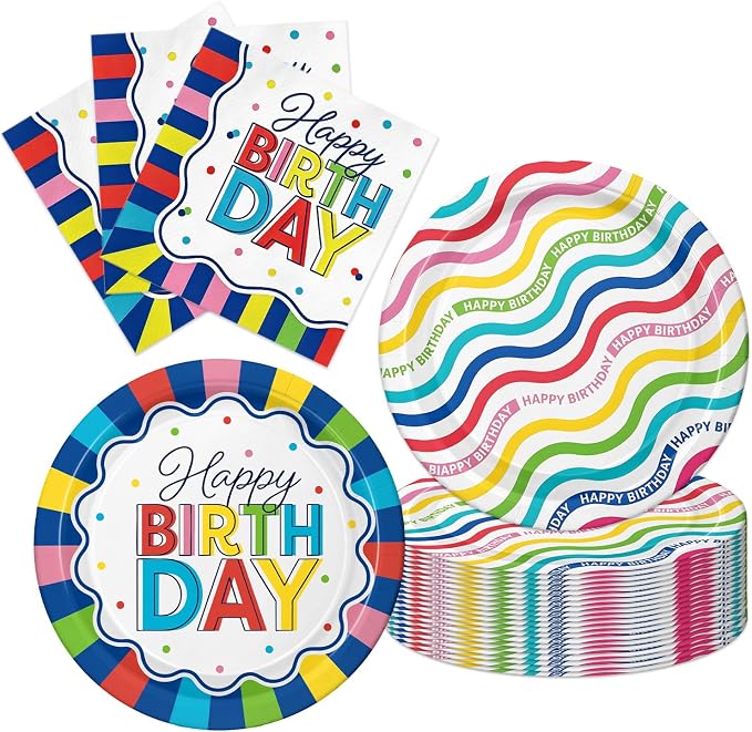 Colorful Happy Birthday Party Supplies, Vibrant Stripe Disposable Tableware by CRINSLY