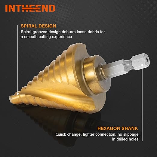 INTHEEND 10 Sizes Step Drill Bit 1/4"–1-3/8", 1/4" Hex Shank HSS Spiral Grooved Steps Drill Bit, Titanium Coating, Large Step Drill Bit for Hole Drilling Cutting for Metal, Aluminum, Wood, Plastic