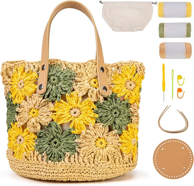 Noocro Crochet Kit for Intermediate or Advanced Level, Floral Raffia Bucket Bag by Noocro