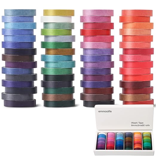 60 Rolls Washi Tape Sets 8mm Wide 10ft Long Basic Solid Color Rainbow Colored - Image 2