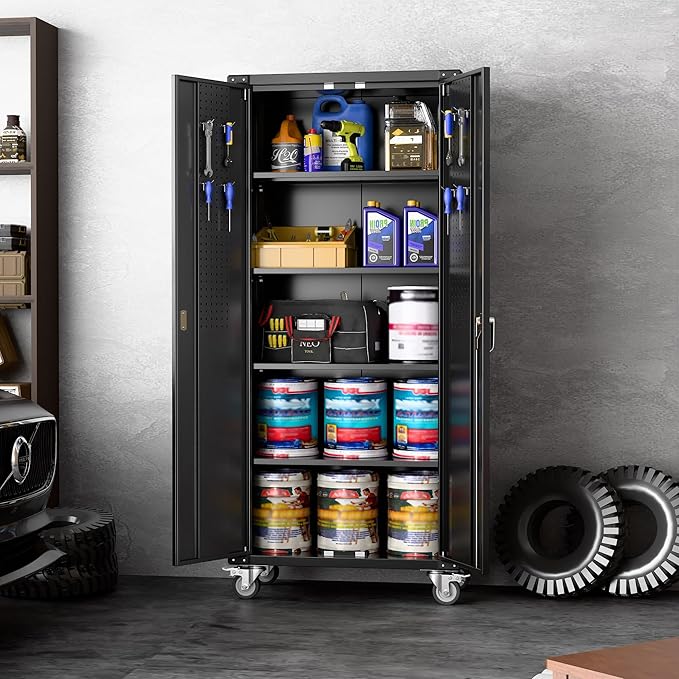 Metal Storage Cabinets with Wheels, 72" Steel Lockable Storage Cabinet with Adjustable Shelves Pegboards and Hooks for Office School Garage Warehouse Utility Room, Assembly Require, Black