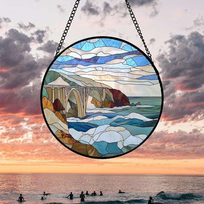 DASTOLL Stained Glass Window Hanging 4 Pcs Set Ocean Waves Large 15" - Image 3