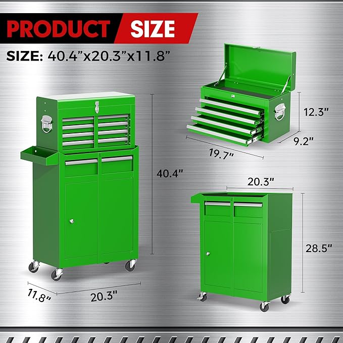 Crownland 5-Drawer Rolling Tool Chest with Wheels, Lockable 2 in 1 Detachable Tool Cabinet wit Drawers and Black Liners, Garage Top Toolbox & Bottom Storage Cart with Side Hooks(Green)