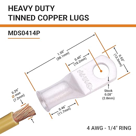 SELTERM 25pcs 4 AWG 1/4" Stud Marine Grade Tinned Copper Battery Cable Lugs, 4 Guage Ring Terminals, UL Wire Lugs Electrical Battery Cable Ends, Tinned Copper Lugs Battery Terminal Connectors