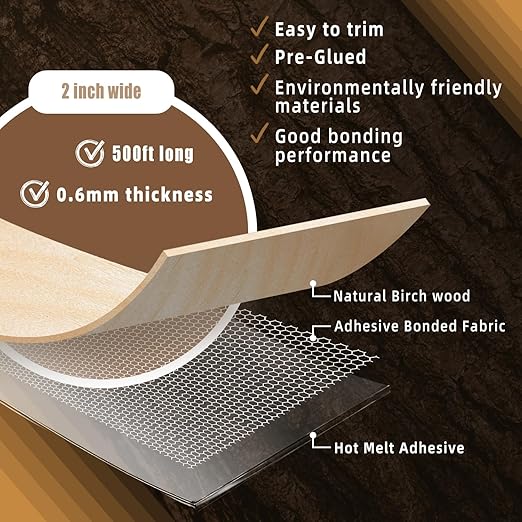 GSCIT Club Birch Edge Banding, 2 inch x 500ft roll of Wood Veneer Edge Banding Preglued Flexible, Wood Tape Banding for Cabinet Plywood