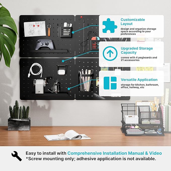 Pegboard Wall Organizer Combination Kit,Overall 33.1"x25.4" Metal Office Pegboard with 21 Accessories, Wall Mounted Peg board Display Panels for Home, Gaming Room, Garage (4Pcs,Black)