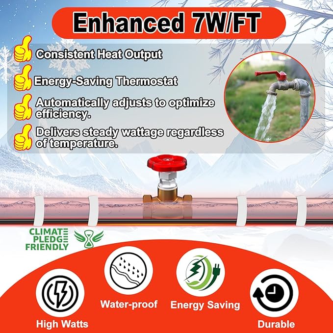 HEATIT Heat Tape for Water Pipes Heating Cable with Thermostat for Metal And Plastic Home Pipe, Electric Pipe Heating Trace System 10 Feet