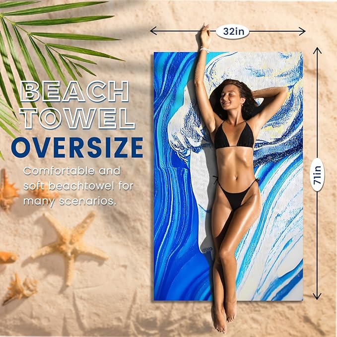 2 Pack Microfiber Beach Towel Oversized 71"x32" Sand Free Quick Dry Absorbent Lightweight Thin , Compact Towels for Travel Swimming Pool Yoga Gym Camping Beach Accessories Vacation Essentials Gift