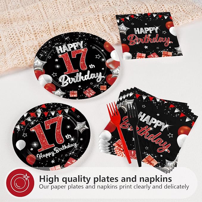 96Pcs Red and Black Party Decorations Happy 17th Birthday Plates and Napkins - Image 4