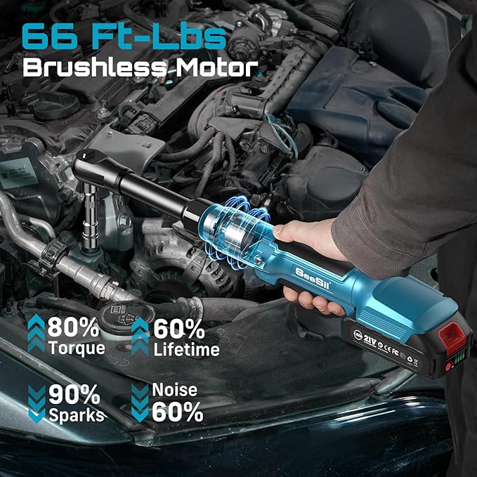Extended Cordless Electric Ratchet Wrench: 66 Ft-lbs Power Ratchet Wrench 3/8", Brushless Motor, Variable Speed Trigger, 2 Pack 21V Batteries & Charger, 8 Sockets, 1/4"& 1/2" Adapter, 3" Extension Bar