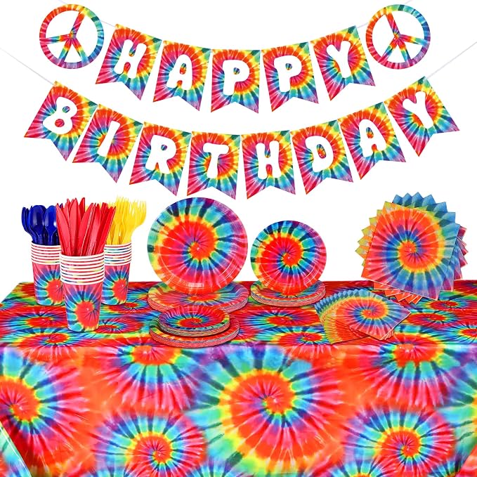 Yaomiao 171 Pcs Tie Dye Tablecloth Birthday Decorations Tie Dye Party Tableware by Yaomiao