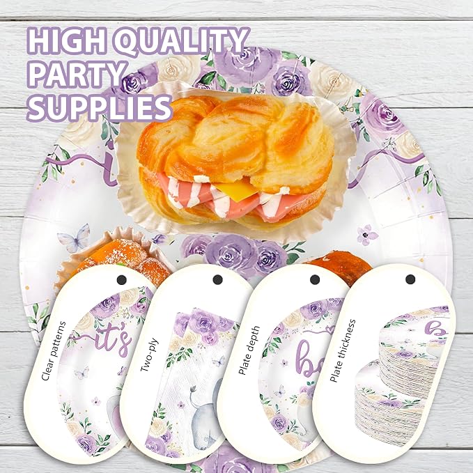 168 Pcs Purple Elephant Baby Shower Decorations It's A Girl Disposable Plates - Image 4