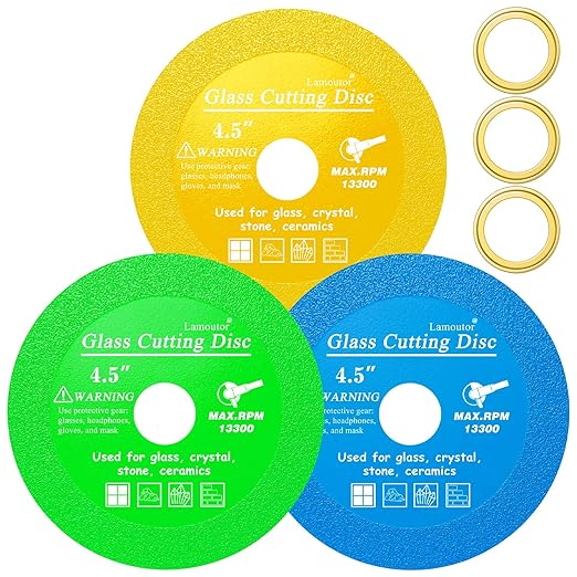 Lamoutor 12Pcs 4.5 Inch Glass Cutting Disc for Angle Grinder, Diamond Saw Blade, Tile Cutter Blade for Cutting Marble Glass Tile Jade Crystal（Green/Blue/Yellow/Black/Red/Orange）