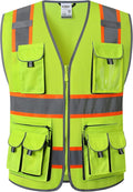 JKSafety 10 Pockets Hi-Vis Neon Color Frontal Zipper Mesh Safety Vest for Men Women Safety Utility for works Comply to ANSI/ISEA Class 2 (86-Yellow XXL)