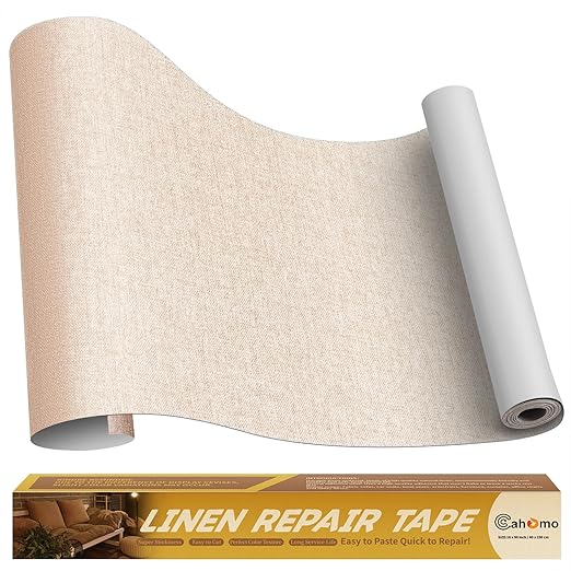 Linen Repair Tape 16x90 inch, Self Adhesive Fabric Patches, Linen Patch Tape Kit, Fabric Repair Tape for Couch Sofas, Headboards, Chairs, Pillows, Curtains, Couches - Beige White