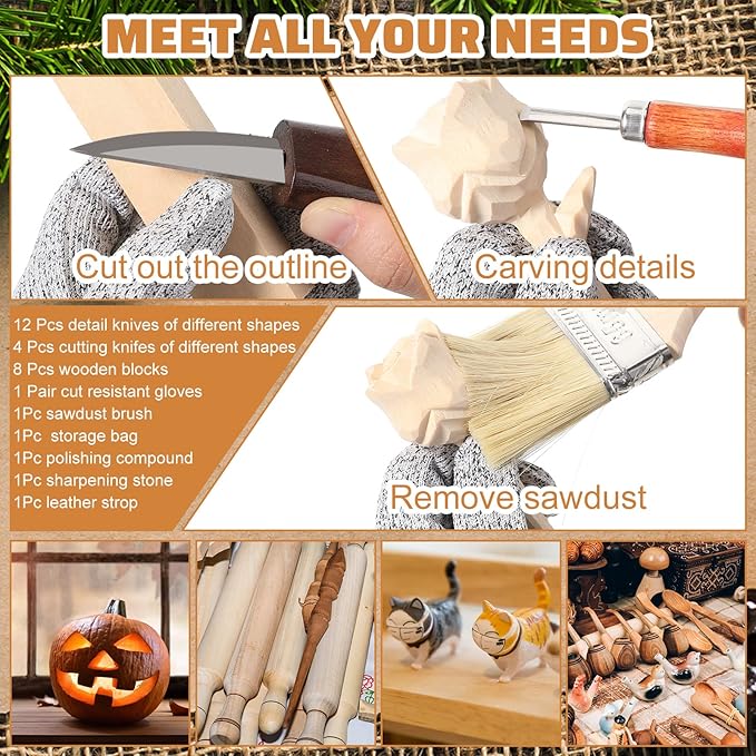 30 Pcs Wood Carving Tools Whittling Kit Include Hand Carving Knife Set Wood Blocks Cut Resistant Gloves Sawdust Brush Sharpening Stone Polishing Wax Sharpening Leather Storage Bag for Beginners