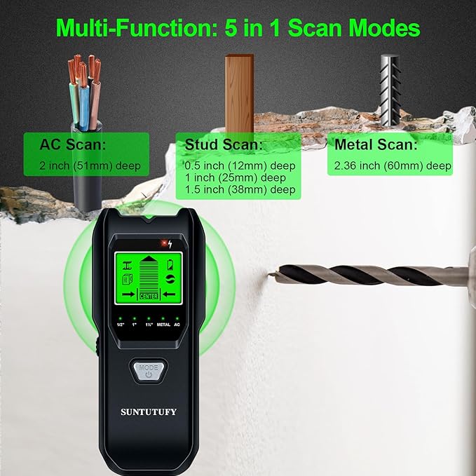 Stud Finder Wall Scanner - 5 in 1 Electronic Stud Detector with Upgraded Smart Sensor, Audio Alarm and HD LCD Display for the Center and Edge of Wood, AC Wire, Metal and Studs Detection(Frosted Black)