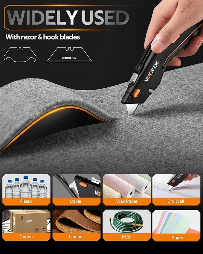 Box Cutter Utility Knife, [2-in-1] Retractable Box Cutter, Safety Heavy Duty Sharp Razor Knife for Home & Warehouse Cardboard, Carpet, Blade Storage, with Extra Razor & Hook Blades (Orange)