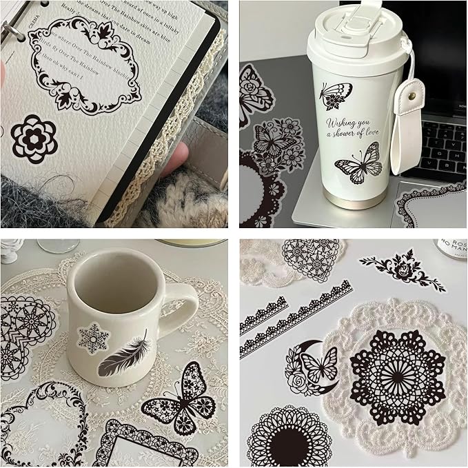 130 Pcs Vintage Black White Lace Scrapbook Stickers - Image 8