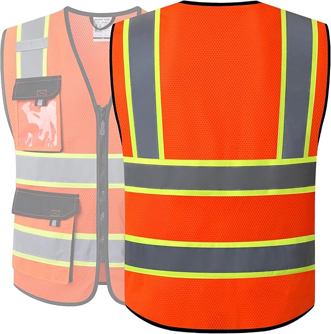 JKSafety Hi Vis Reflective Safety Vests for Men Women High Visibility Vest with Pockets Mesh Fabric Construction Safety Apparel Neon Vest for Work (220-Orange XXL)