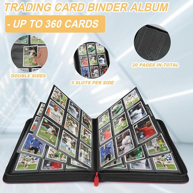 360 Cards Ringless 9-Pocket Side Loading Trading Card Binder, PU Zipper Fixed - Image 4