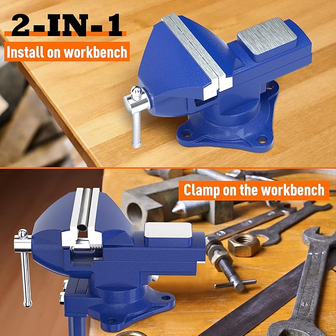 2-in-1 Bench Vise For Workbench 3.2"- Multi-functional Portable 360° Swivel Base Bench Clamp On Vice/Table Vise For Woodworking, Cutting Conduit, Drilling, Metalworking, Blue